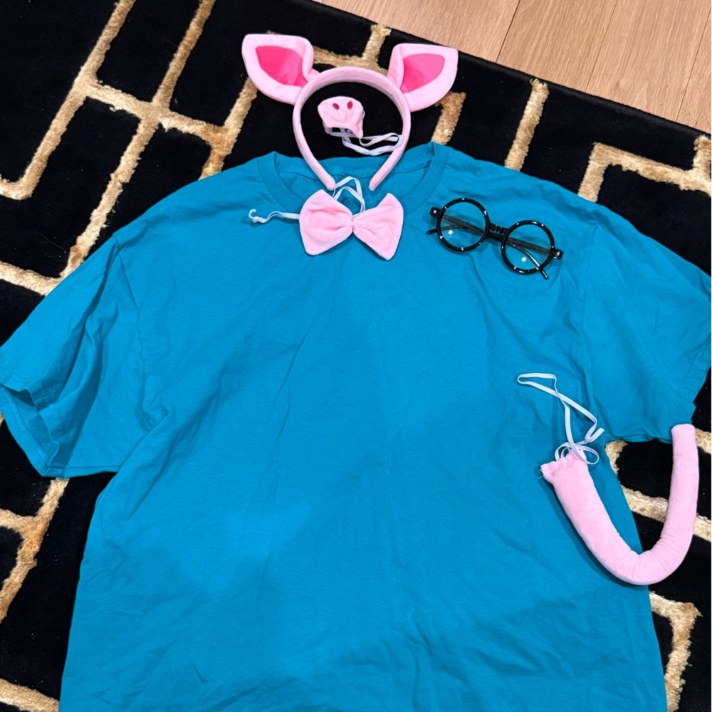 Daddy Pig costume teal XL shirt with pink pig accessories and black glasses